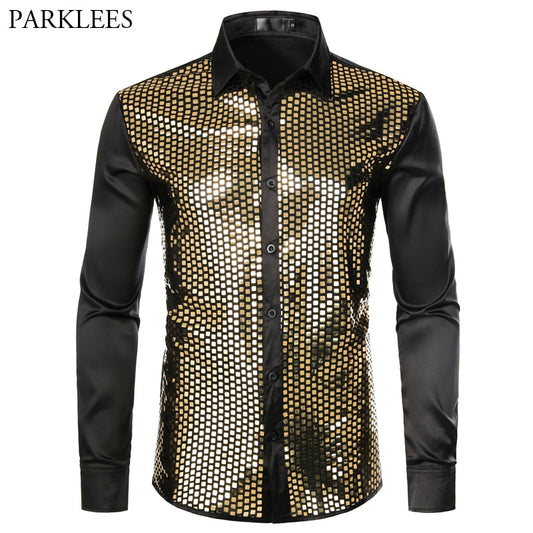 Shiny Gold Sequin Black Silk Shirts Men Long Sleeve Button Down Disco Party Nightclub Prom Chemise